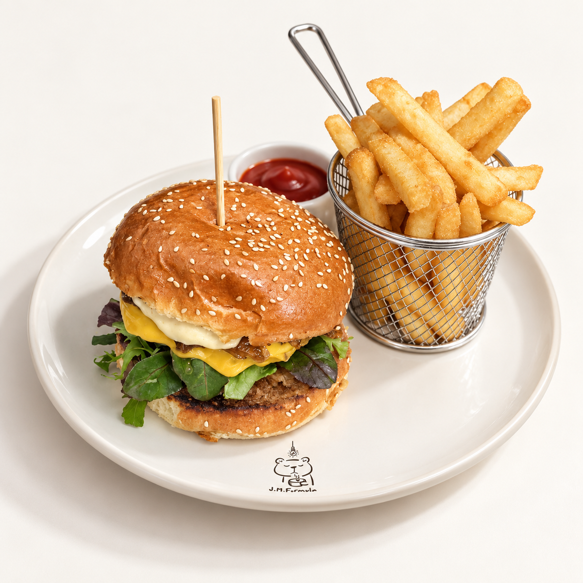 JM Formula Beef Burger with Chips with subtle JM Formula branding on an off-white background