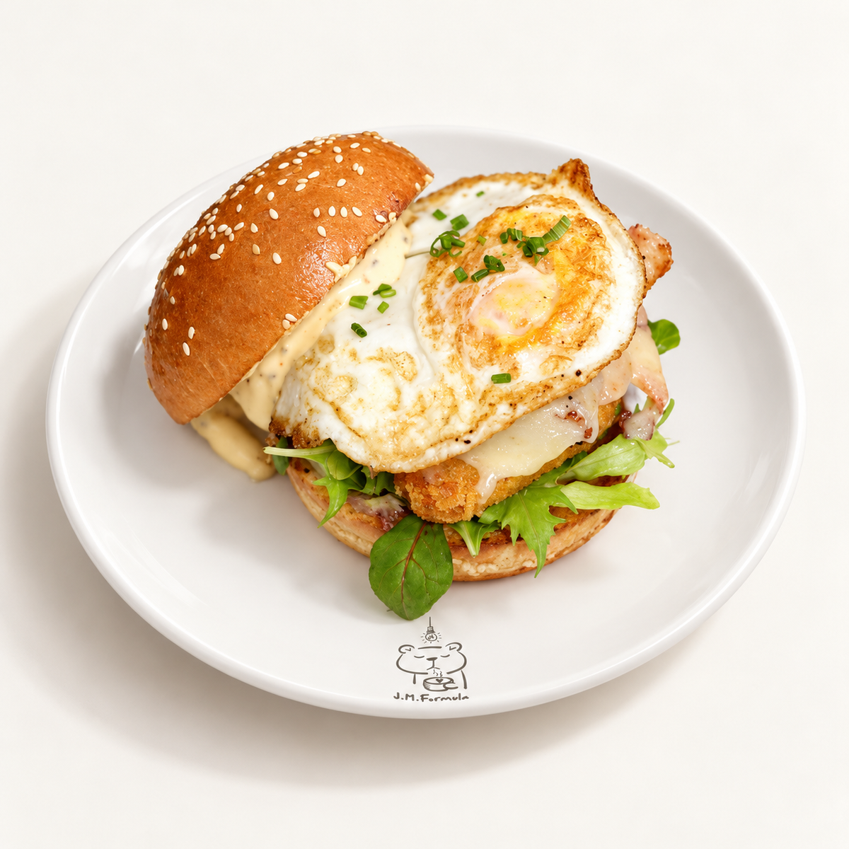 JM Formula Breakfast Burger with subtle JM Formula branding on an off-white background