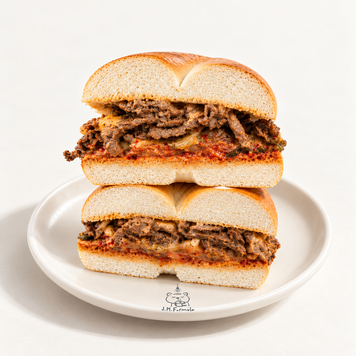 JM Formula Bulgogi Kimchi Bagel on an off-white background