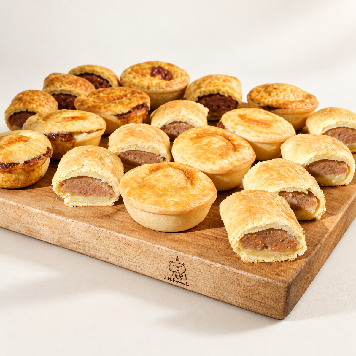 JM Formula Mini Pies & Sausage Rolls Box (20 pcs) on an off-white background