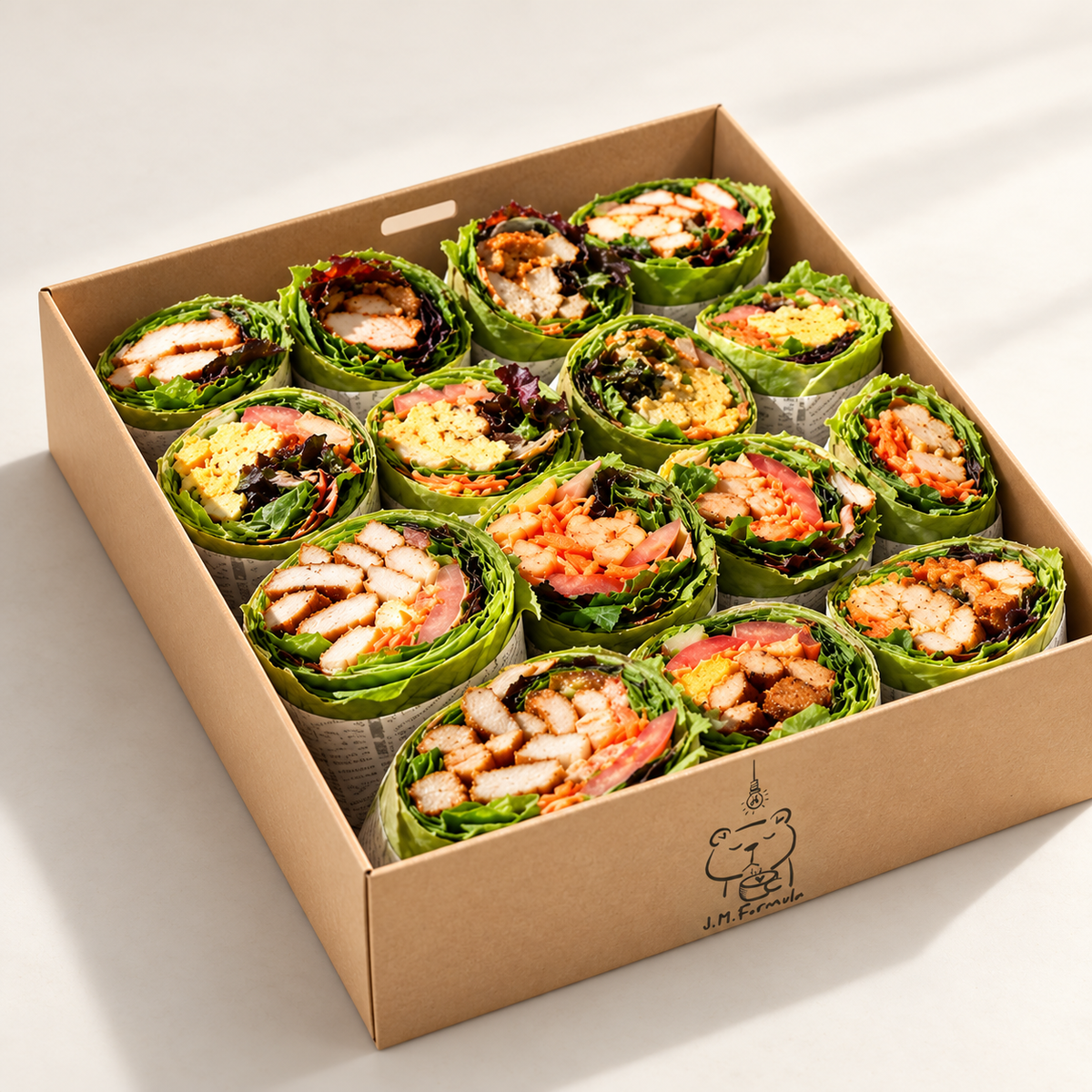 JM Formula Wrap Catering Box (16 pcs) on an off-white background