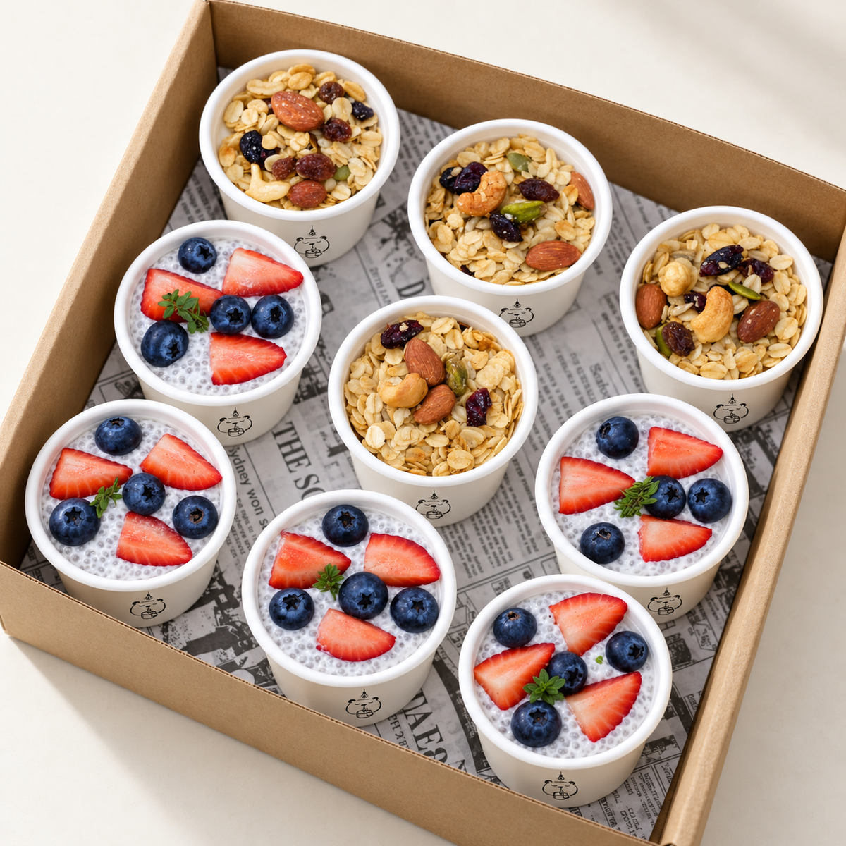 JM Formula Yogurt & Coconut Chia Pudding Box (9 cups) on an off-white background